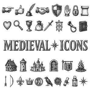 May include: A collection of detailed, black and white medieval icons. The image includes illustrations of a hand pointing, a thumbs-up, a quill and inkwell, a handshake, a shield, a hand, a padlock, a scroll, a heart, a magnifying glass, a chalice, a money bag, a sword, a banner, a horn, a book, a house, a tower, a castle, a door, a sign, a bonfire, an arrow, a bow, a fleur-de-lis, a crown, a coin, a raven, a wax seal, a scroll, a lantern, and a star. The text "MEDIEVAL + ICONS" is also included.
