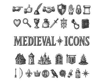 Set mittelalterlicher Vektor-Icons. Sammlung von Vintage Dekoration Design-Elementen. Digitale SVG-, JPG-, PNG-Datei.