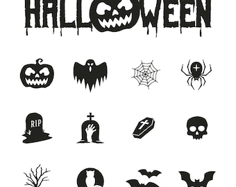 Set von Halloween-Icon-Symbolen. Design-Elemente im Halloween-Stil. Digitale EPS-, JPG- und PNG-Datei.