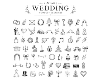 Set Holzschnitt Hochzeit Vektor Elemente. Sammlung von Vintage Dekoration Design-Elementen. Digitale SVG-, JPG-, PNG-Datei.