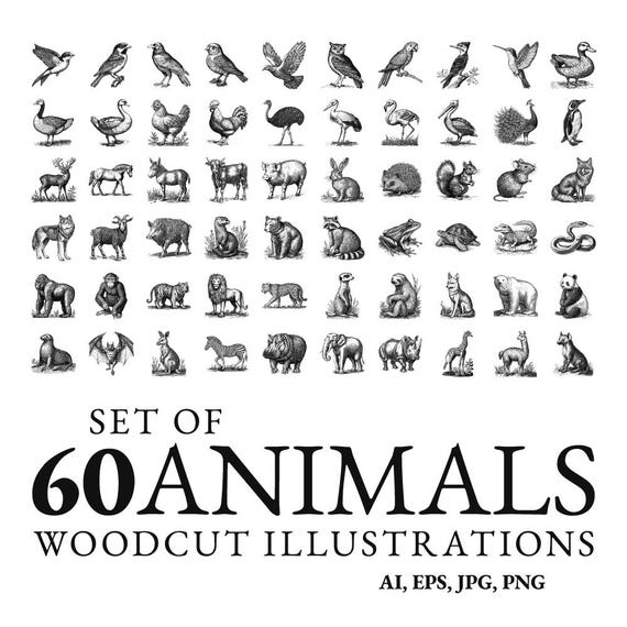 Set of Woodcut Illustrations of Animals. Vintage Grunge Vector