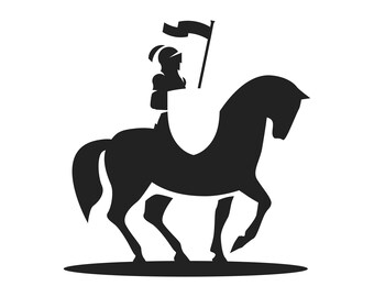 Silhouette eines Ritters mit Schild auf einem Pferd reitend. Vektor-Logo-Design Stempel-Etiketten-Element. Nicht-exklusiv. Digitale EPS-, JPG- und PNG-Datei.