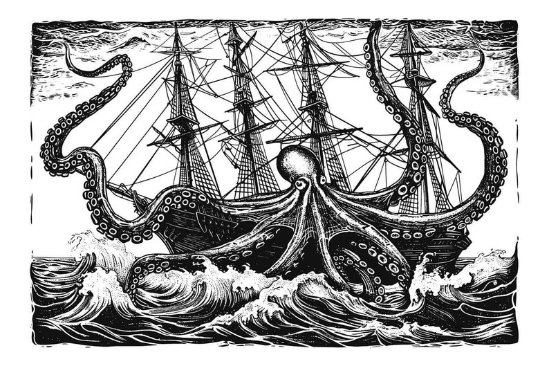 Woodcut Illustration of a Giant Octopus Attacking a Ship. Vintage ...