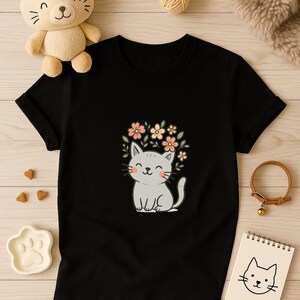 Cute Cat T-Shirt with Flowers, Kawaii Kitty Shirt for Cat Lovers, Aesthetic Whimsical Cat Tee, Gift for Women, Cozy Cat Mom Apparel