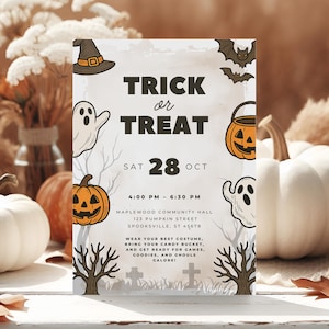 Trick Or Treat Invitation, Trick Or Treat Invite, Kids Halloween Party Invitation Template, Halloween Party Editable Invitation Template