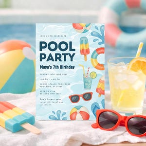 Peut inclure: Une invitation à une fête au bord de la piscine avec le texte "POOL PARTY" et "Maya's 7th Birthday". L'invitation présente des illustrations à l'aquarelle de glaces, d'une boisson, de lunettes de soleil et d'un ballon de plage. Un verre de limonade et des lunettes de soleil rouges sont au premier plan.