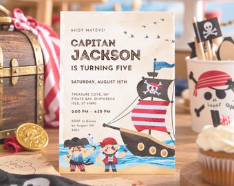 May include: A rectangular birthday invitation card featuring a pirate theme with the text AHOY MATEYS! CAPITAN JACKSON IS TURNING FIVE, SATURDAY, AUGUST 12TH, 2:00 PM - 4:30 PM, RSVP to Emma by August 5th 2025, and a pirate ship illustration.