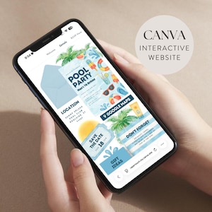 May include: A smartphone displaying a digital pool party invitation website. The screen features watercolor-style graphics of palm trees, a popsicle, sunglasses, and a beach ball. Text includes Pool Party, Maya's 7th Birthday, Location, Google Maps, Save the Date, Don't Forget, and Gift Ideas.