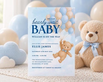 Invitación para baby shower "We Can't Bearly Wait", plantilla editable de Canva, invitación para baby shower con osito de peluche, imprimible en tonos neutros, descarga instantánea.