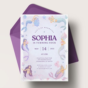 Mermaid 4th Birthday Invitation, Mermaid Party Invite, Party Printable, Mermaid Birthday Invite, Instant Download, Editable Invitation