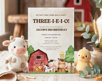 Three-I-E-I-O Birthday Invitation, Editable Canva Template, Farm 3rd Birthday Invite, Barnyard Party Printable, Instant Download