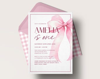 Pink Bow 1st Birthday Invitation, Editable Pastel Girl First Birthday Template, Elegant Coquette Ribbon Party Invite, Instant Download