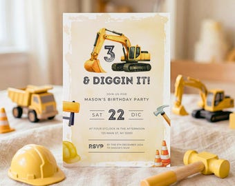 3 and Diggin It Birthday Invitation, Editable Canva Template, Construction 3rd Birthday Invite, Dump Truck Party, Instant Download