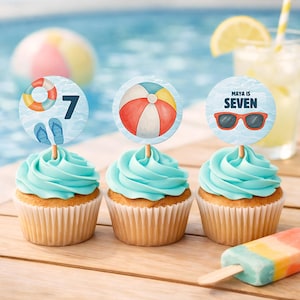 Pool Party Birthday Cupcake Toppers, Pool Party Invite, Pool Party Animals Birthday Decor, Editable Invitation, Birthday Boy or Girl