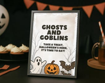Halloween-festskyltar, set med 3 redigerbara Canvas-mallar, utskrivbar läskig dekor, bus-or-godis-skyltar, direktnedladdning