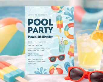 Invitación para fiesta de cumpleaños número 4 en la piscina, invitación para fiesta de cumpleaños de verano, fiesta en la piscina, invitación digital, para niño o niña.