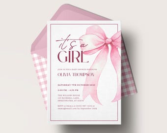 Pink Bow Baby Shower Invitation, Pink Bow Invite, Baby Shower Invite, Instant Download, Editable Invitation, Baby Shower Girl