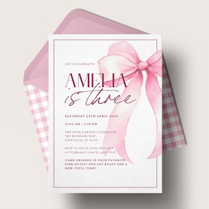 Pink Bow 3rd Birthday Invitation, Editable Pastel Girl First Birthday Template, Elegant Coquette Ribbon Party Invite, Instant Download