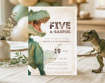 Five A-Saurus Birthday Invitation, Editable Canva Template, Dinosaur 5th Birthday Invite, Dino Party Printable, Instant Download