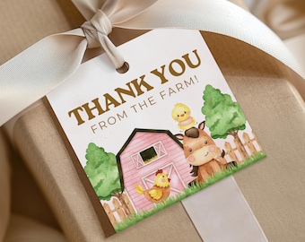 Pink Farm Thank You Tags, Editable Canva Template, Barnyard Girl Party Favor Tags, Printable Birthday Labels, Instant Download
