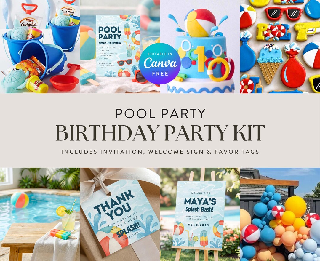 Pool Party Pack Pool Party Birthday Party Kit, Editable Canva Template, Summer Birthday ...
