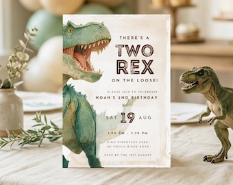 Convite de aniversário com dois Rex, modelo editável do Canva, convite de 2º aniversário de dinossauro, festa de dinossauro para imprimir, download instantâneo