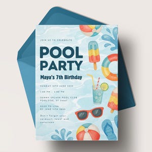 Invito per festa in piscina per il settimo compleanno, invito per festa di compleanno estiva, festa in piscina, invito per festa in piscina, invito digitale, maschio o femmina