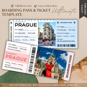 PRAGUE Surprise Trip Gift Ticket, Editable Travel Ticket Digital Download, Printable Boarding Pass for Events and Gifts, Canva Template.