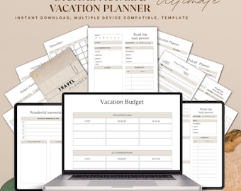 Puede incluir: Una plantilla digital de planificador de viajes y vacaciones con un portátil, una tableta y páginas impresas. La pantalla del portátil muestra un formulario de presupuesto de vacaciones. El texto incluye "Digital Travel & Vacation Planner" y "Instant Download".