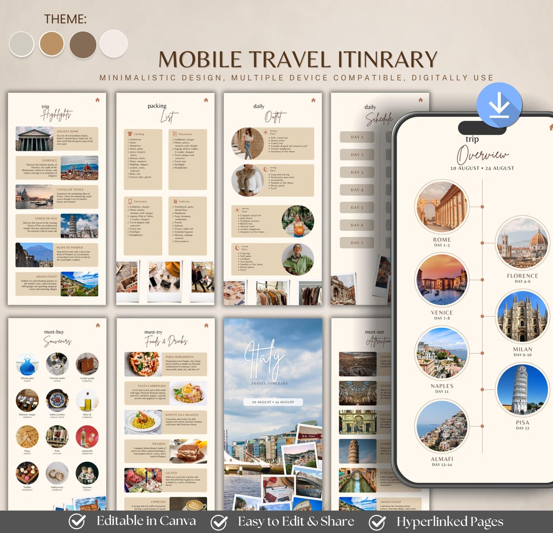 Mobile Travel Itinerary Template, Editable Trip Planner (PDF) - Etsy