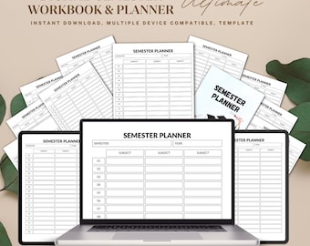 Op de afbeelding: Een digitale semester werkboek en planner met een minimalistisch ontwerp. De afbeelding toont een laptop en tablet met de planner, omringd door afgedrukte pagina's. Tekst bevat "Semester Planner" en "Instant Download, Multiple Device Compatible".