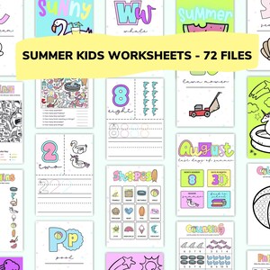 May include: A set of 72 printable summer-themed kids' worksheets. The worksheets feature various activities, including coloring, matching, counting, and pattern recognition. The worksheets are designed to help children learn about summer, numbers, and shapes.
