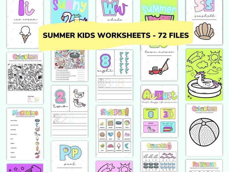 May include: A set of 72 printable summer-themed kids' worksheets. The worksheets feature various activities, including coloring, matching, counting, and pattern recognition. The worksheets are designed to help children learn about summer, numbers, and shapes.