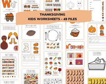 May include: A set of 49 printable Thanksgiving-themed worksheets for kids. The worksheets feature various activities, including counting, coloring, tracing, and cutting. The worksheets are decorated with images of turkeys, pumpkins, and other Thanksgiving symbols.