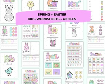 May include: A set of 49 printable worksheets for kids featuring spring and Easter themes. The worksheets include activities like counting, tracing letters and numbers, and matching patterns. The worksheets are designed to be fun and engaging for young learners.