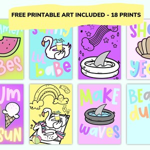 May include: A set of eight printable summer-themed illustrations. The illustrations feature a watermelon, a flamingo, a pool float, a seashell, an ice cream cone, a rainbow, a shark fin, and a seagull. The illustrations are in bright colors and have a fun, whimsical style.