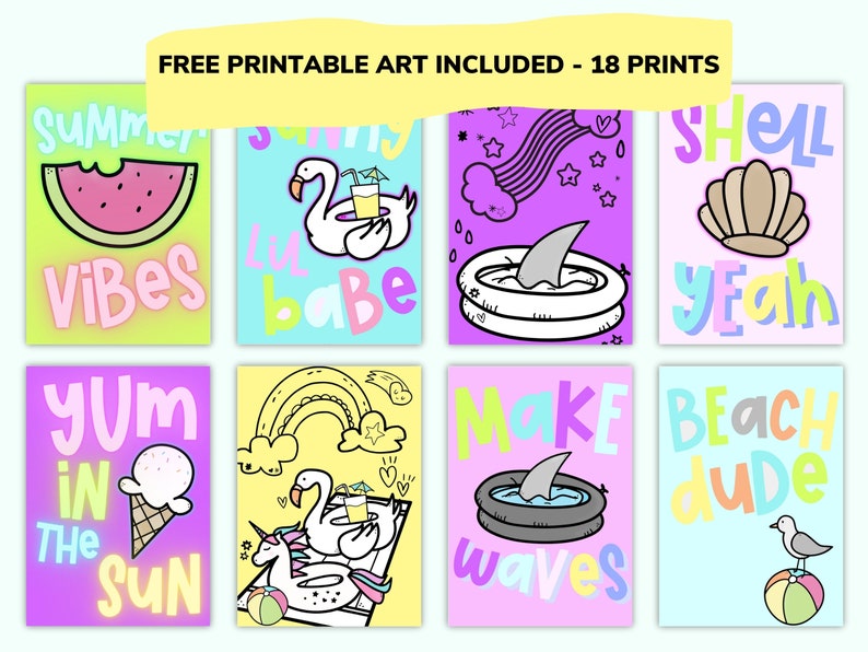 May include: A set of eight printable summer-themed illustrations. The illustrations feature a watermelon, a flamingo, a pool float, a seashell, an ice cream cone, a rainbow, a shark fin, and a seagull. The illustrations are in bright colors and have a fun, whimsical style.