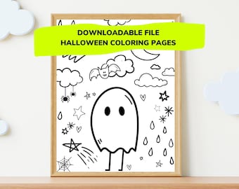 May include: Black and white printable Halloween coloring page featuring a ghost, bats, stars, clouds, and raindrops.  The text "DOWNLOADABLE FILE HALLOWEEN COLORING PAGES" is at the top of the page.