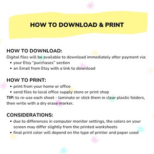 May include: A yellow and white graphic with the text "How to Download & Print" in black. The graphic provides instructions on how to download and print digital files purchased on Etsy. The instructions include downloading from the Etsy purchases section, downloading from an email, printing from home or office, sending files to a local office supply store or print shop, and laminating or sticking the printed sheets in clear plastic folders.