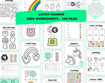May include: A set of 106 printable Lucky Charms themed worksheets for kids. The worksheets feature a variety of activities, including coloring, play-doh play, washi tape, counting, and scissor skills. The worksheets are designed to be fun and educational for children.