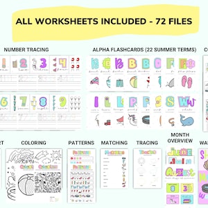 May include: A set of 72 printable summer-themed worksheets for kids. The worksheets include number tracing, alphabet flashcards, counting, shape charts, coloring pages, patterns, matching, tracing, month overview, and wall art. The worksheets feature bright colors and fun summer illustrations.