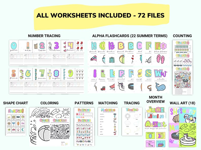 May include: A set of 72 printable summer-themed worksheets for kids. The worksheets include number tracing, alphabet flashcards, counting, shape charts, coloring pages, patterns, matching, tracing, month overview, and wall art. The worksheets feature bright colors and fun summer illustrations.