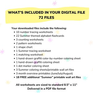 May include: A yellow and white graphic with the text "WHAT'S INCLUDED IN YOUR DIGITAL FILE 72 FILES" and a list of 10 summer-themed printable worksheets, flashcards, and coloring pages. All worksheets are sized to standard 8.5" x 11" and delivered in a PDF file format.