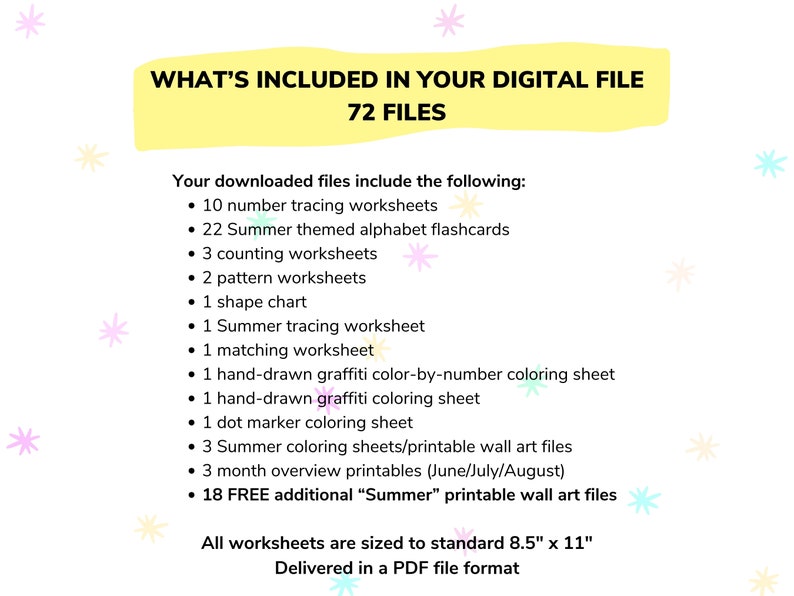May include: A yellow and white graphic with the text "WHAT'S INCLUDED IN YOUR DIGITAL FILE 72 FILES" and a list of 10 summer-themed printable worksheets, flashcards, and coloring pages. All worksheets are sized to standard 8.5" x 11" and delivered in a PDF file format.