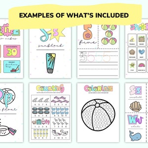 May include: A set of printable summer-themed educational worksheets for kids. The worksheets feature colorful illustrations of a pool float, a beach ball, a seashell, a suitcase, a whale, a watermelon, and a sunblock bottle. The worksheets include activities such as counting, coloring, and tracing.