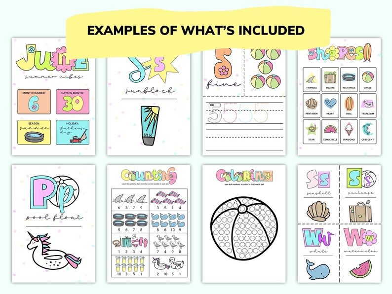 May include: A set of printable summer-themed educational worksheets for kids. The worksheets feature colorful illustrations of a pool float, a beach ball, a seashell, a suitcase, a whale, a watermelon, and a sunblock bottle. The worksheets include activities such as counting, coloring, and tracing.
