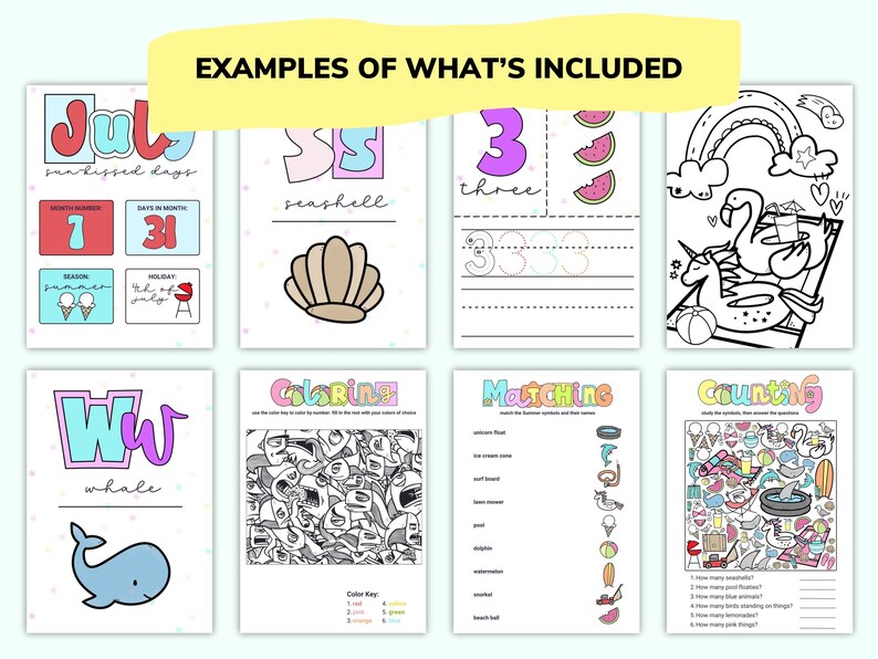 May include: A set of printable summer-themed educational worksheets for kids. The worksheets include activities like coloring, matching, counting, and tracing numbers. The worksheets feature images of a seashell, a whale, a flamingo, a unicorn, and ice cream cones.