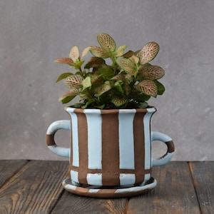 Handmade Striped Ceramic Planter with Handles, Saucer – Blue and Terracotta Footed Succulent Pot with Drainage – Minimalist Modern Pottery