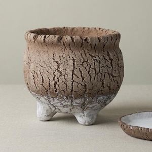 Ceramic Succulent Planter with Drainage & Saucer | Wabi Sabi Pot | Handmade Cracked Clay Cactus Planter