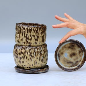 May include: Two stacked ceramic planters with a textured, beige and dark brown vertical striped pattern, accompanied by a matching circular saucer. A separate, round ceramic saucer with a mottled brown and blue glaze is positioned to the side.